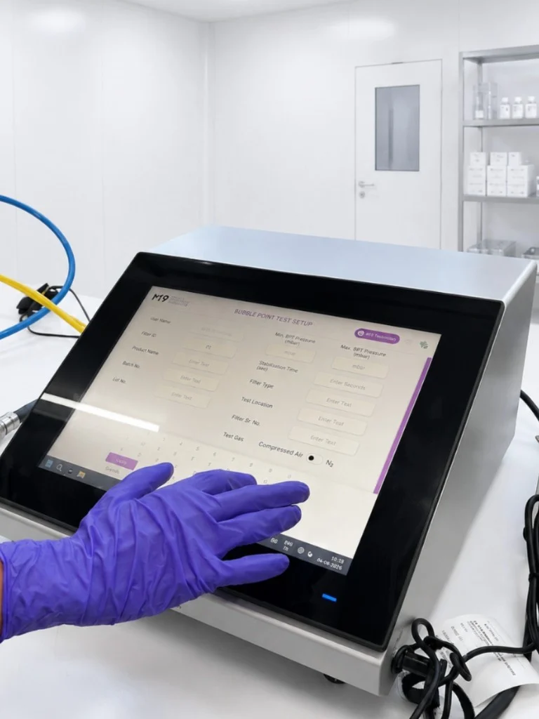 Technician using M19 Filter Integrity Analyzer touchscreen for Bubble Point Test setup with 21 CFR Part 11 compliant data entry