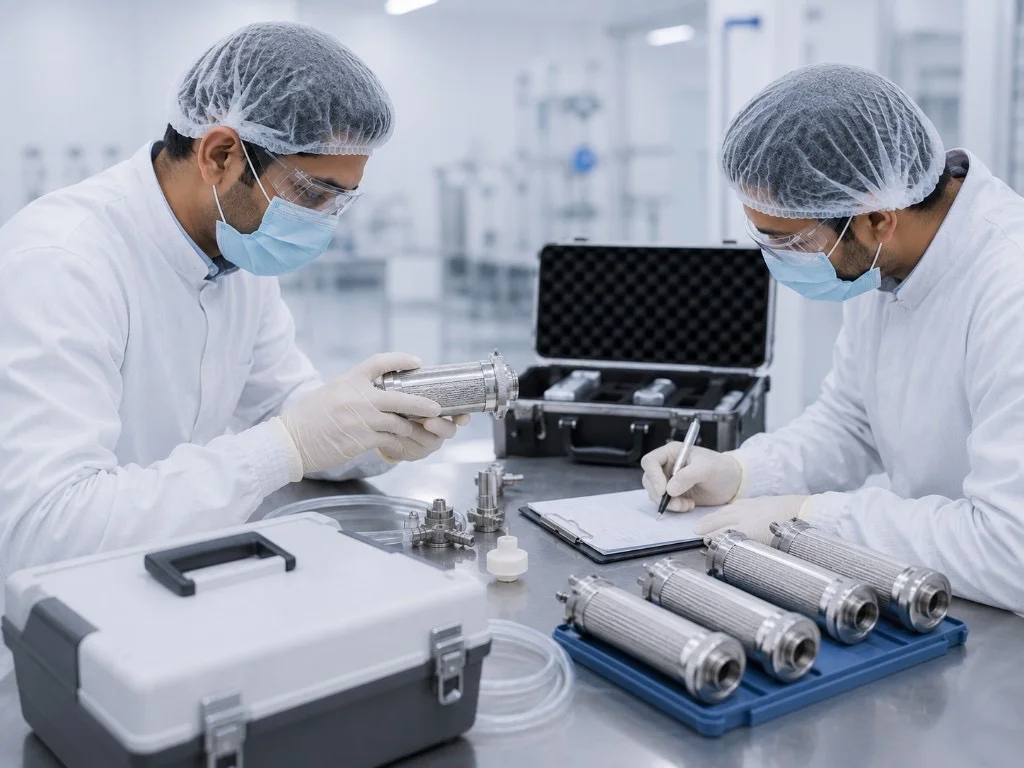 Technicians in cleanroom performing filter inspection and maintenance documentation