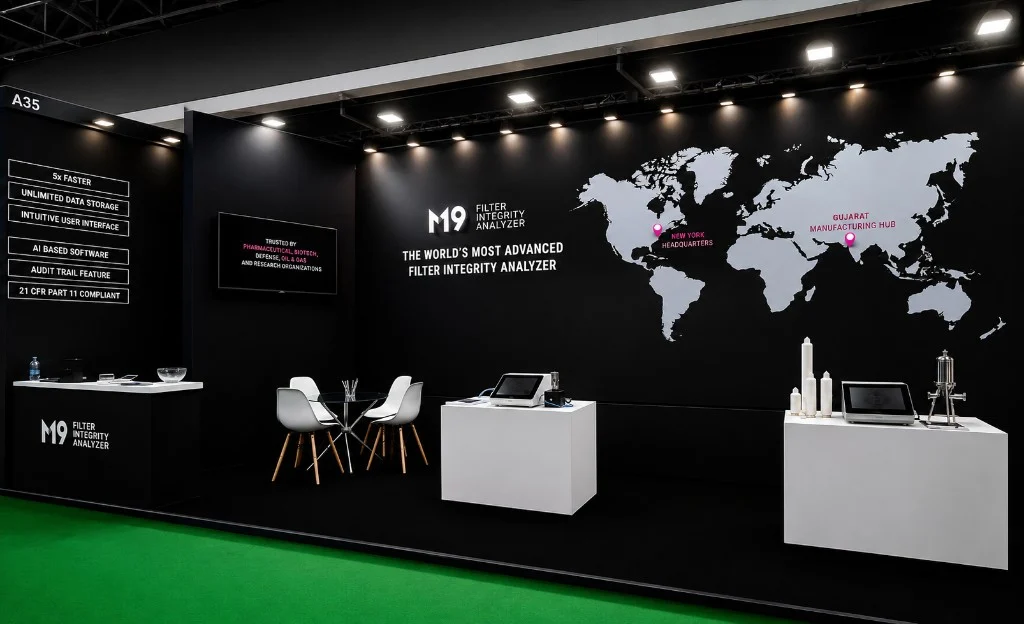 M19 Filter Integrity Analyzer exhibition booth highlighting New York headquarters and US support