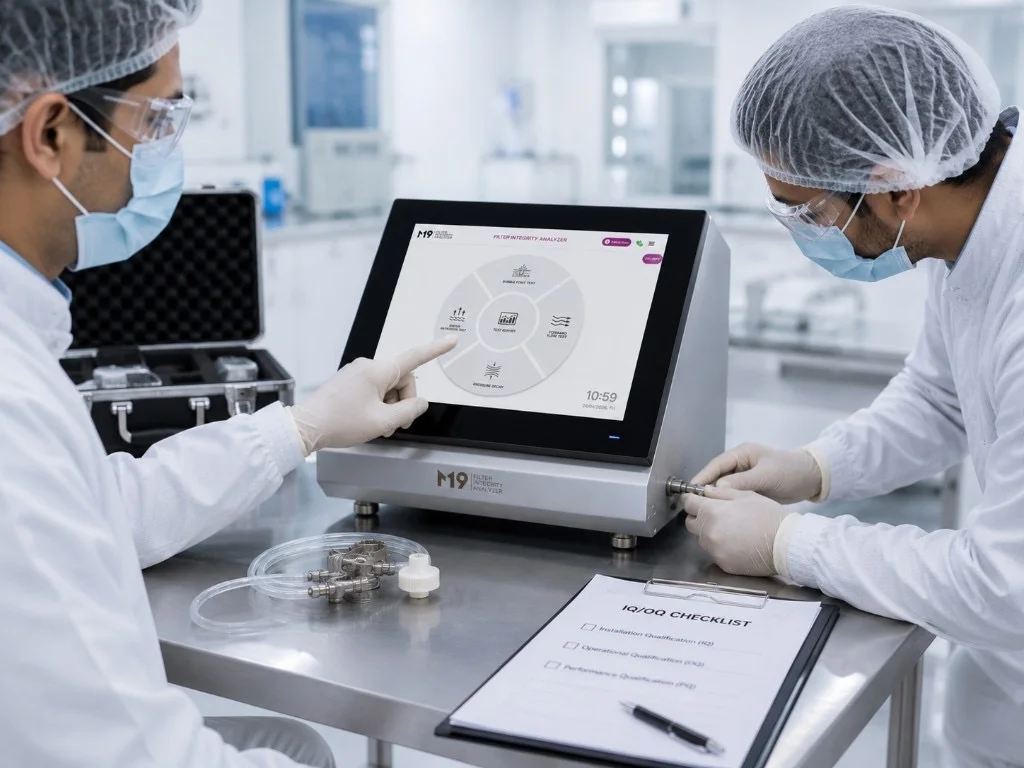 M19 technicians performing installation and IQ/OQ validation on the Filter Integrity Analyzer